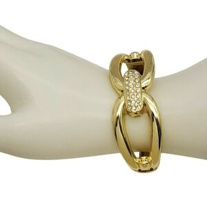 Polished Gold Tone Bangle Rhinestones Clamper Bracelet Hinged Horsebit Modernist